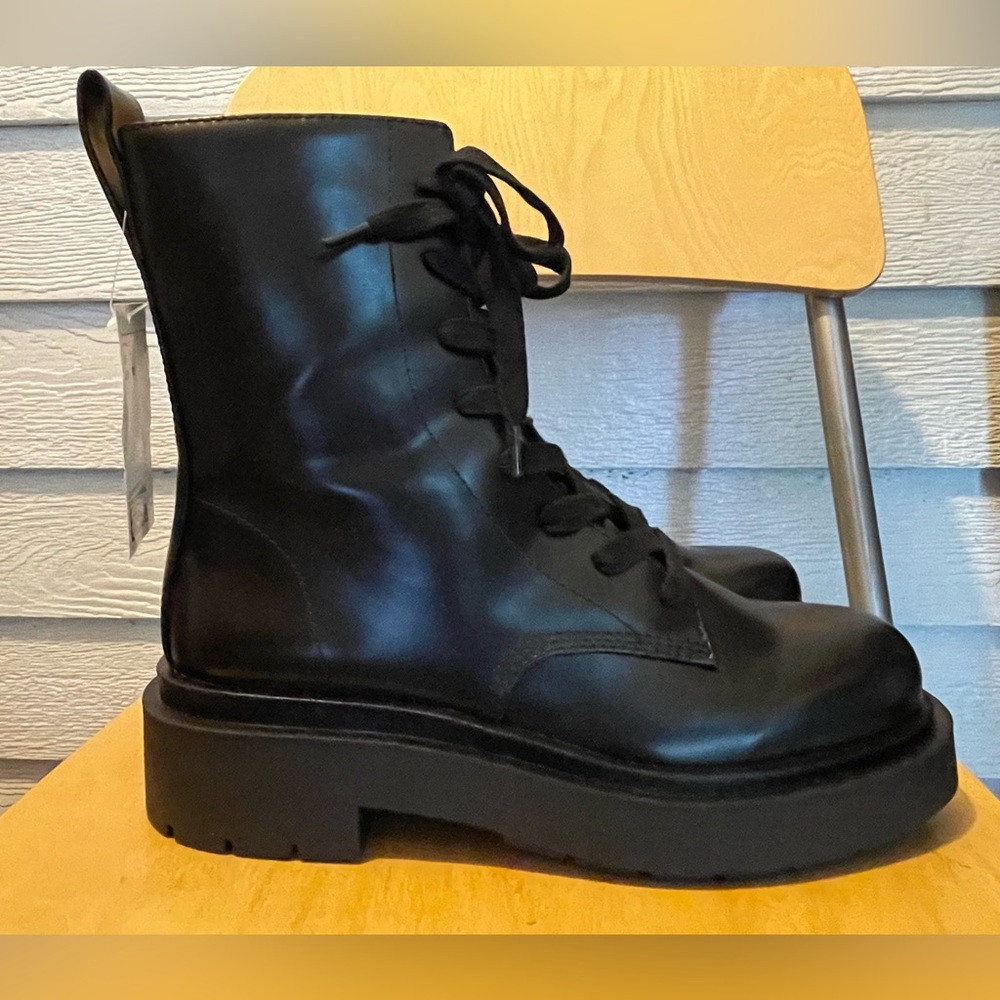 H&M Black Faux Leather Lace Up Combat Boots Size 7M NWT